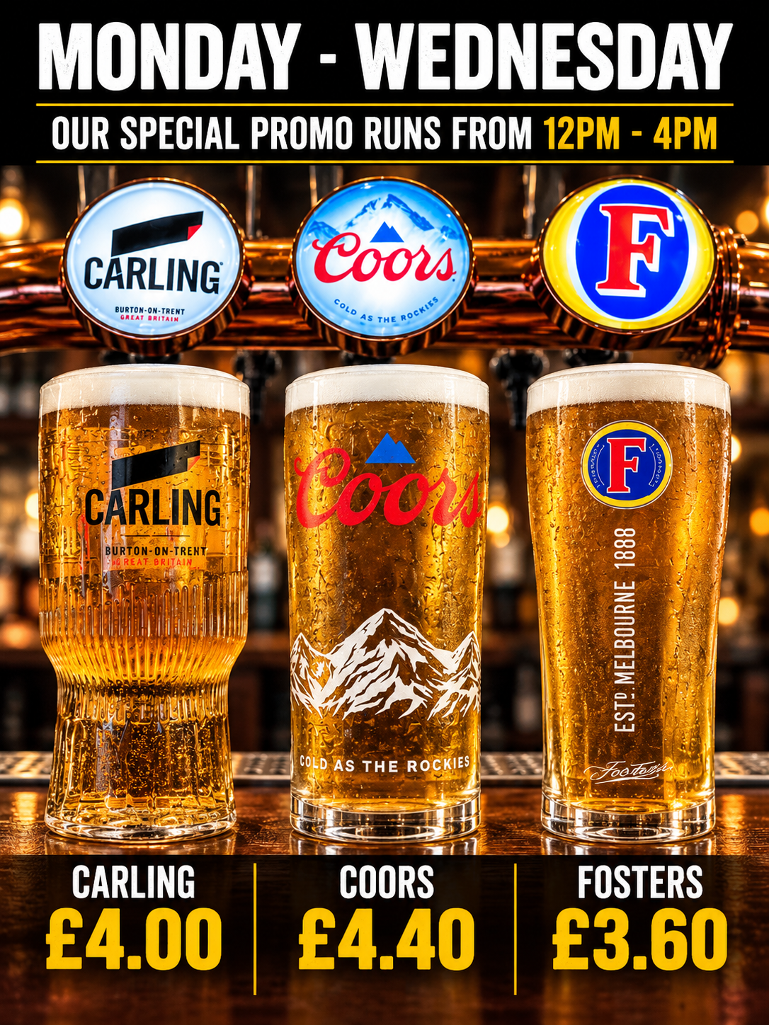 Midweek session drinks offer at The Mill House pub in Thatcham, Berkshire — Carling, Coors and Fosters from £3.60
